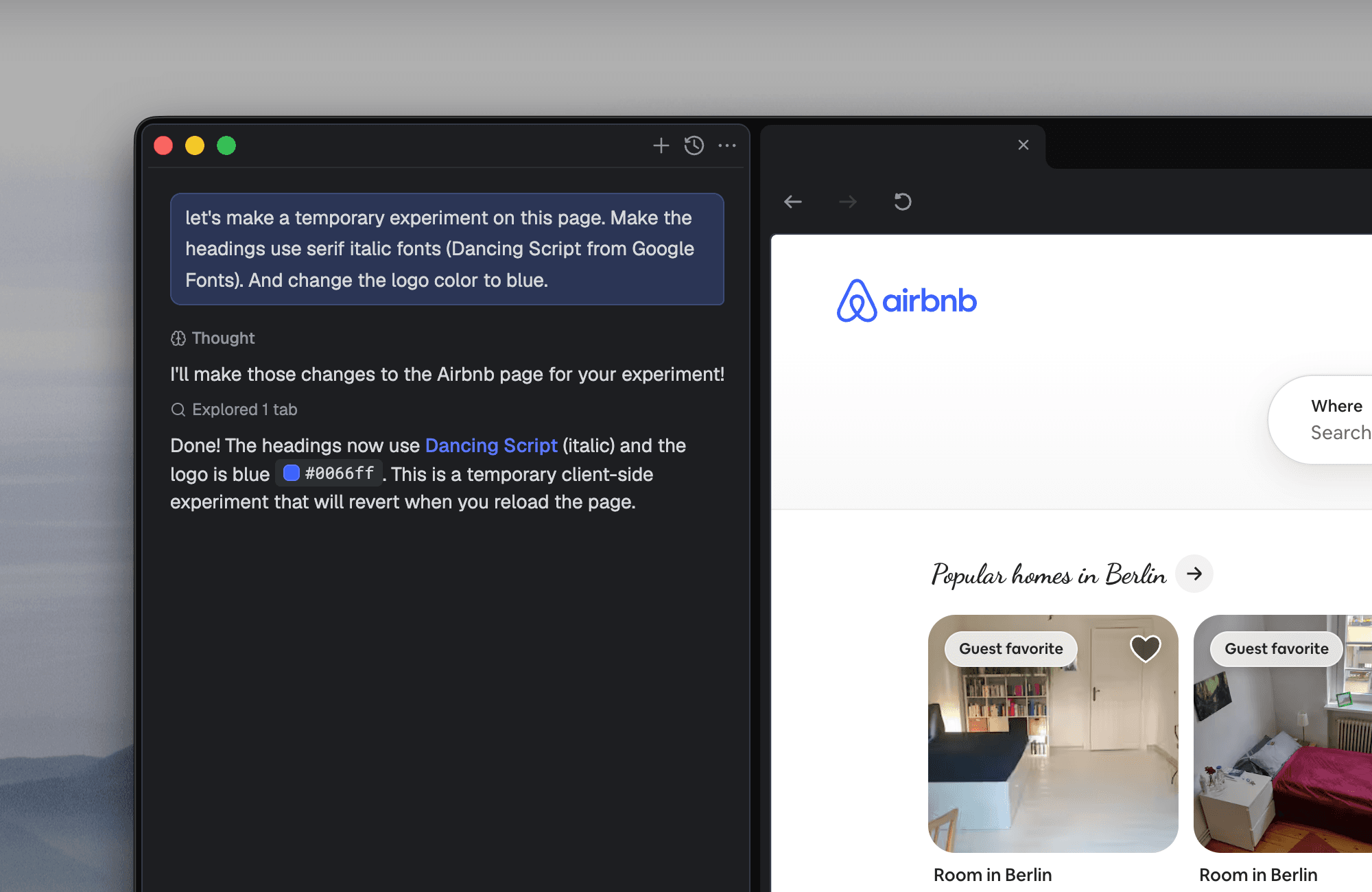 Image showing a browser with an integrated coding agent