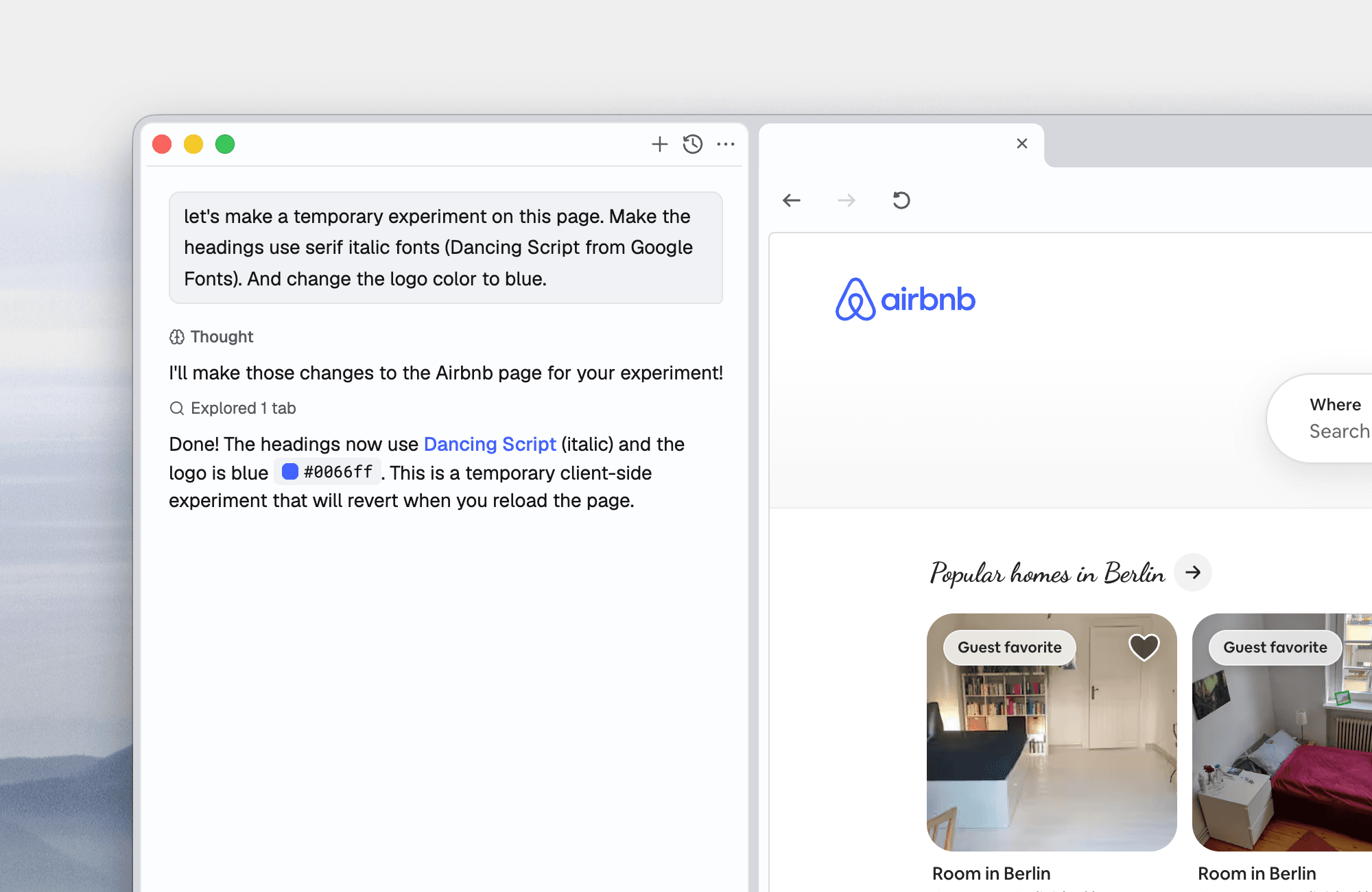 Image showing a browser with an integrated coding agent
