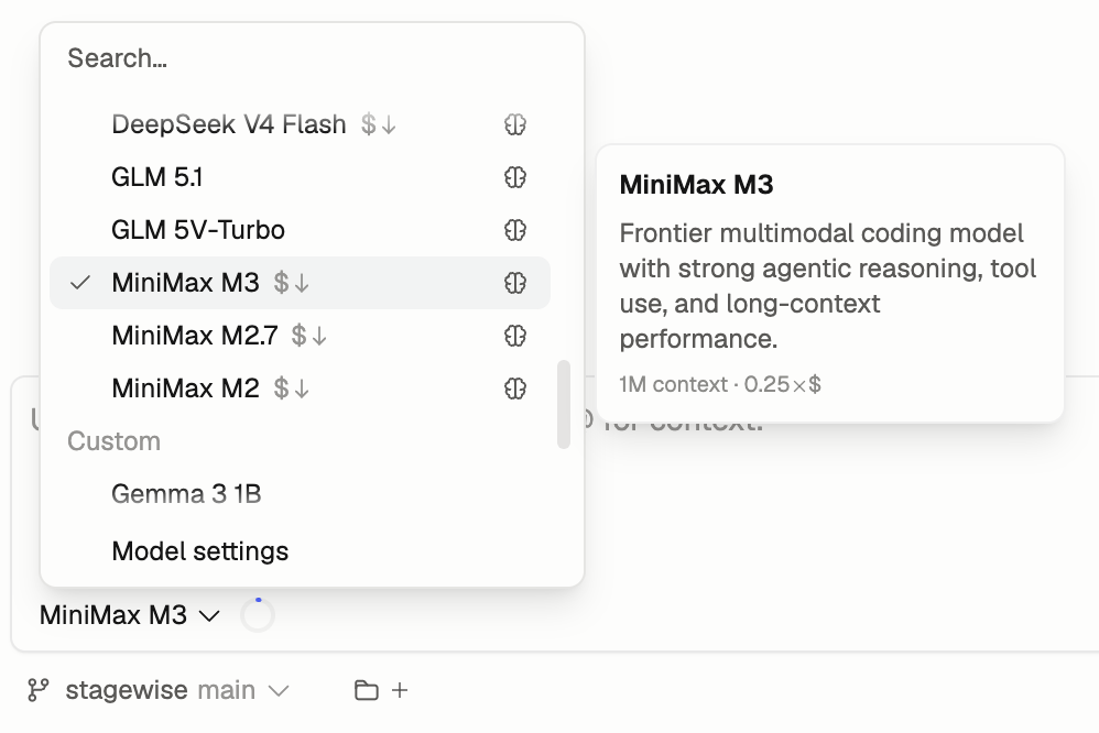 MiniMax M3 selected in the stagewise model picker, with model details shown beside the list.