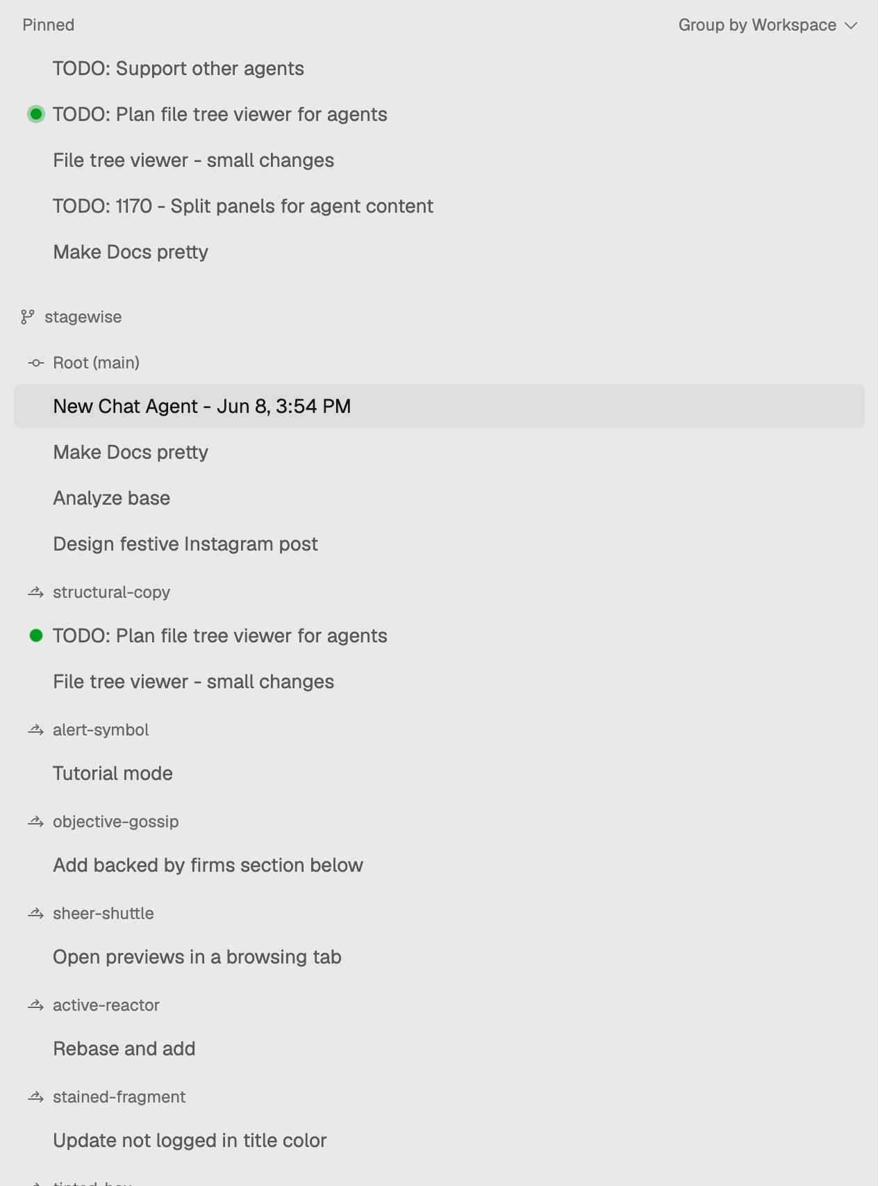 The stagewise agent sidebar grouped by workspace, with pinned agents, repository workspaces, and worktree sections.