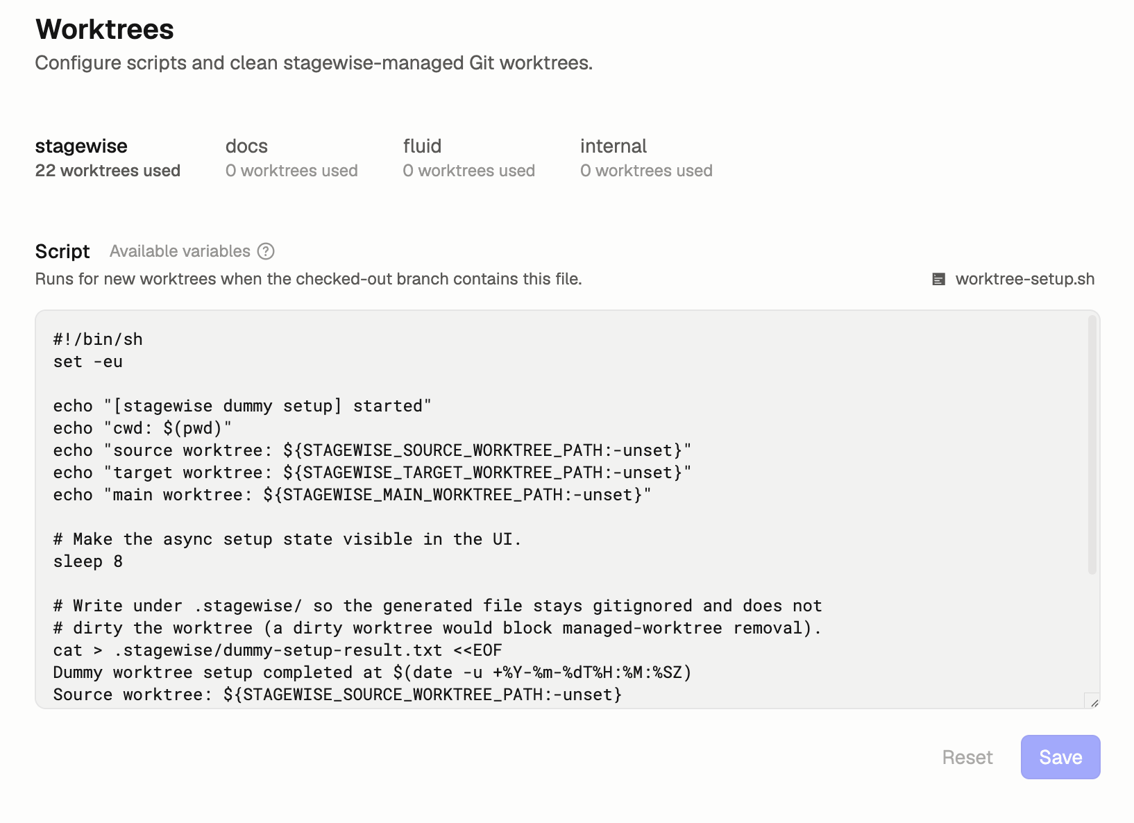 Worktree settings in stagewise showing a setup script editor for new worktrees.