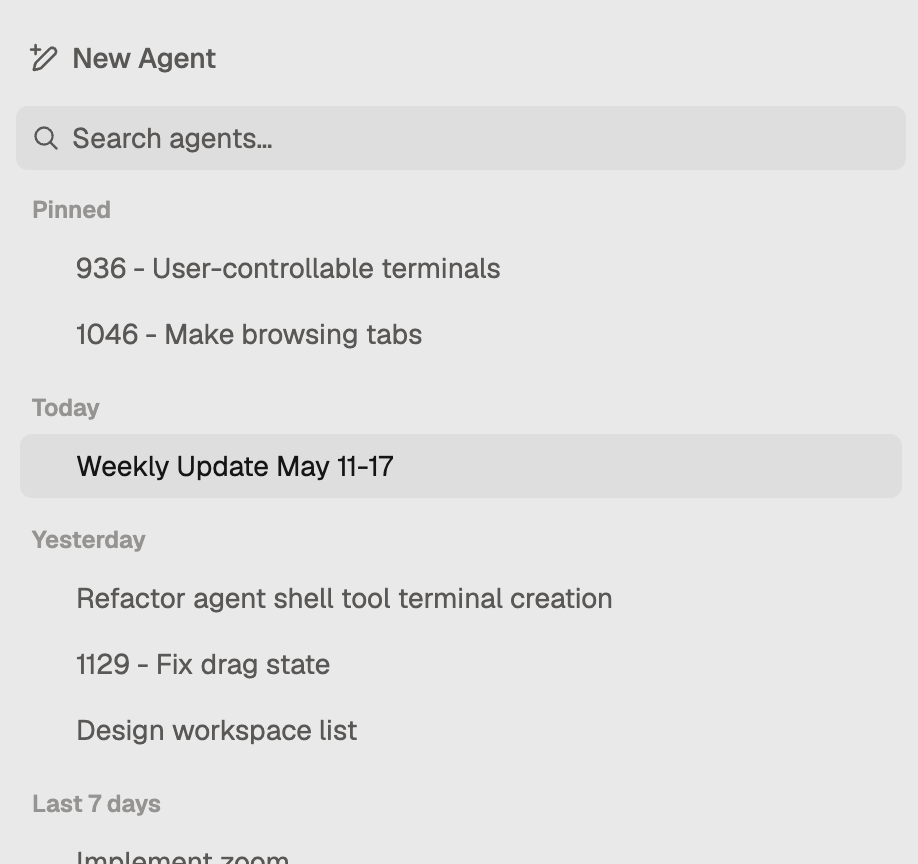 All agents in one sidebar with search and a pinned section.