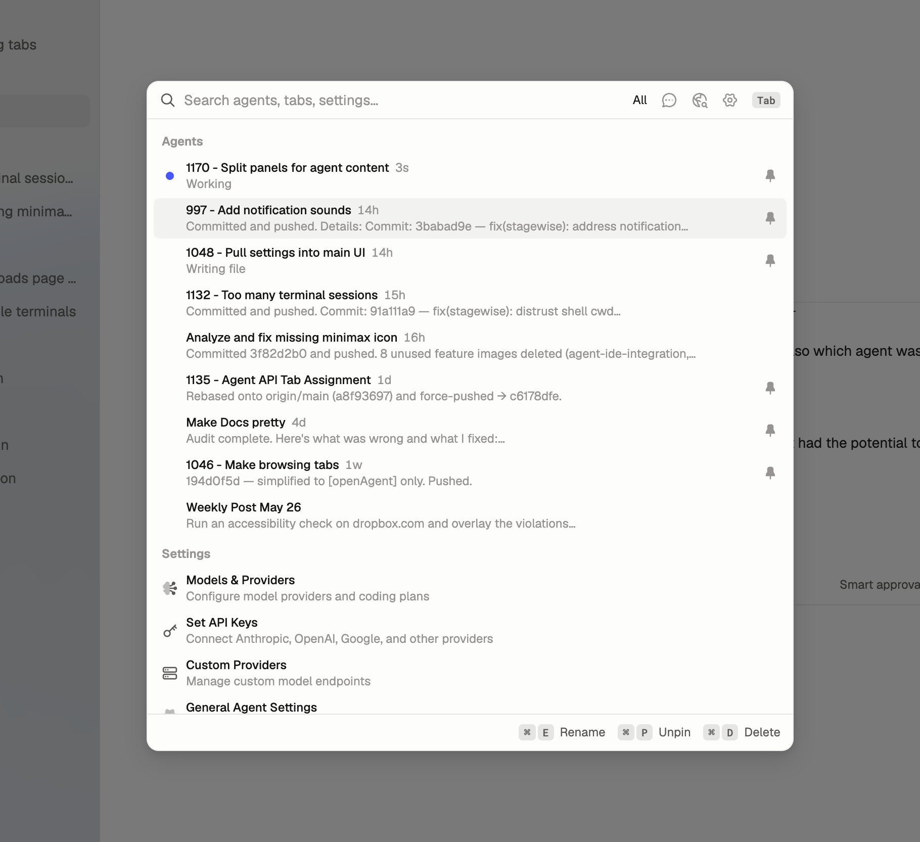 Screenshot of the stagewise CMD+K control center showing agents, tabs, and settings.