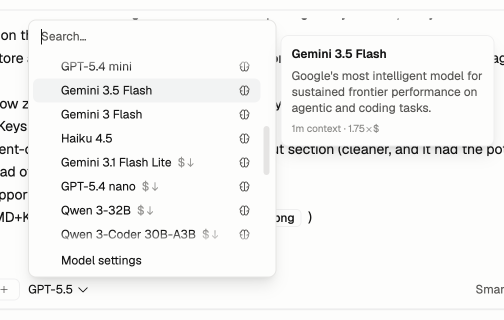 Screenshot of Gemini 3.5 Flash selected in the stagewise model picker.